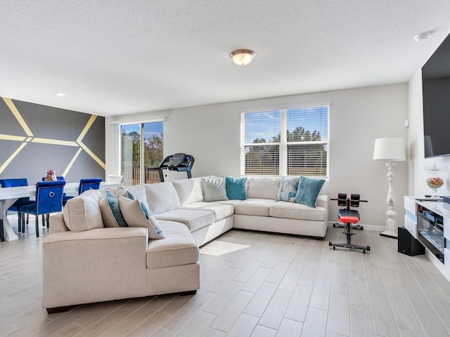 living room with light hardwood / wood-style floors and a textured ceiling