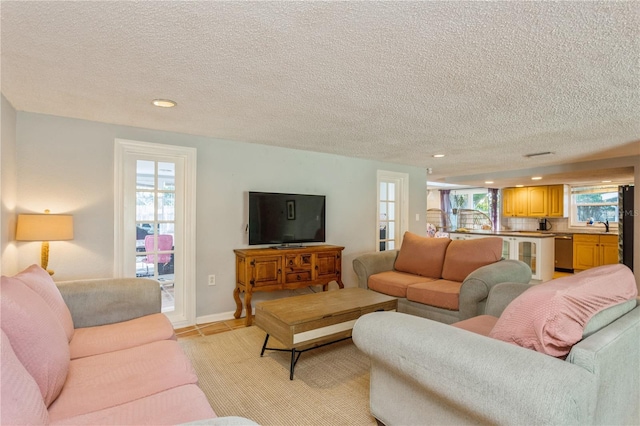 living room with a textured ceiling and sink