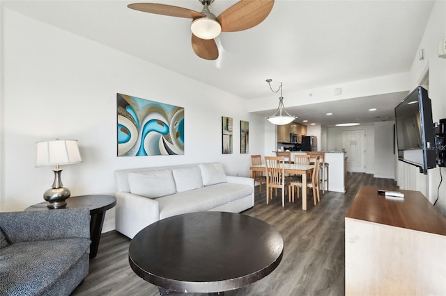 living room with dark hardwood / wood-style flooring