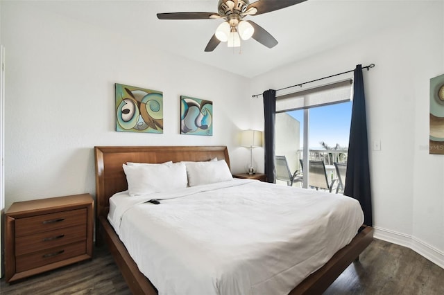 bedroom featuring access to exterior, dark hardwood / wood-style floors, and ceiling fan