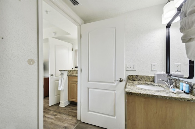 bathroom featuring hardwood / wood-style flooring and vanity