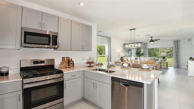 kitchen with sink, ceiling fan, gray cabinets, kitchen peninsula, and stainless steel appliances