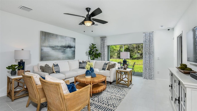 living room featuring ceiling fan