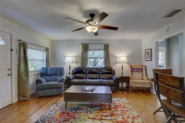 living room featuring ceiling fan, plenty of natural light, and light hardwood / wood-style flooring