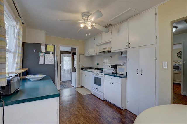 kitchen with dark hardwood / wood-style flooring, tasteful backsplash, white appliances, white cabinetry, and plenty of natural light