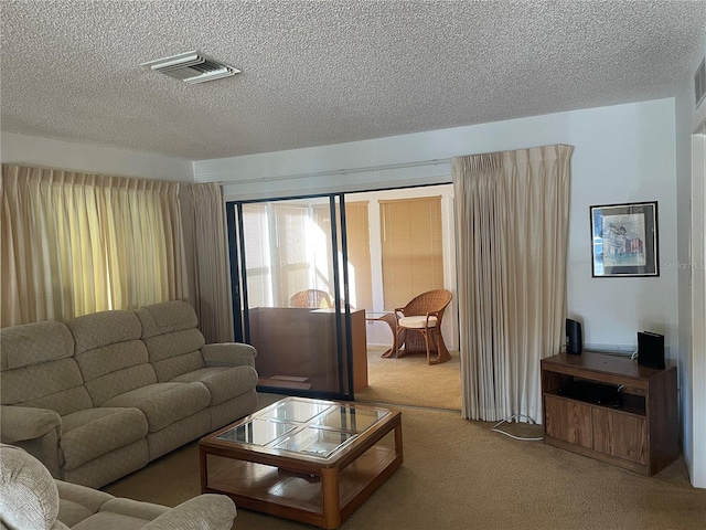 living room featuring carpet flooring and a textured ceiling