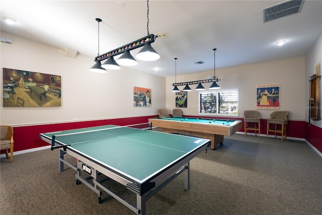 recreation room with carpet and billiards