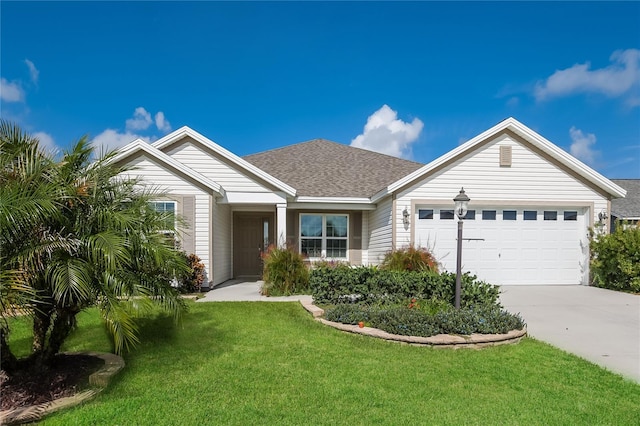 single story home featuring a garage and a front yard