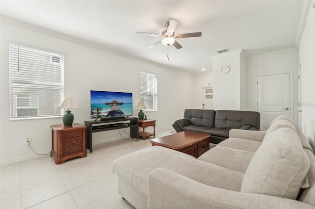 tiled living room featuring ceiling fan and ornamental molding