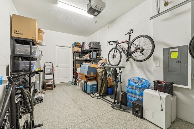 garage with electric panel and a garage door opener