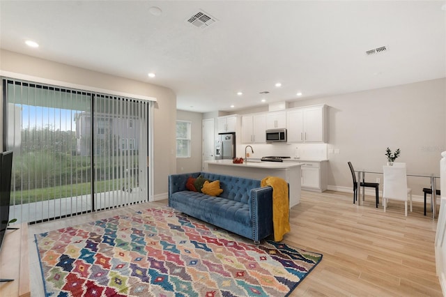 living room with light hardwood / wood-style floors and sink