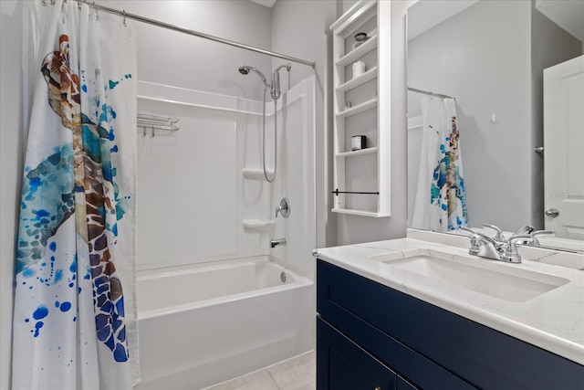 bathroom with tile patterned flooring, vanity, and shower / bath combination with curtain