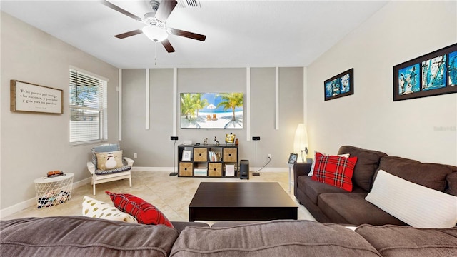 living room featuring ceiling fan