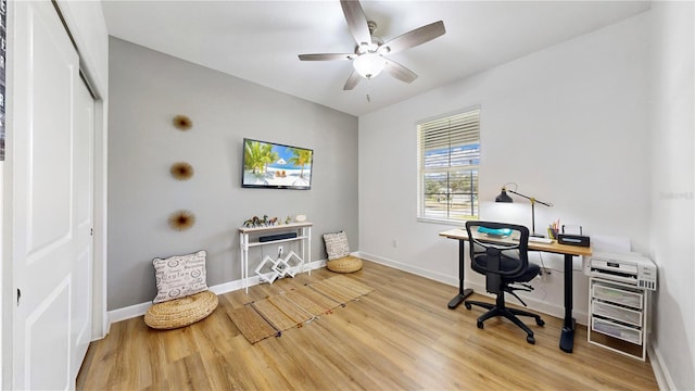 office area featuring light wood-type flooring and ceiling fan