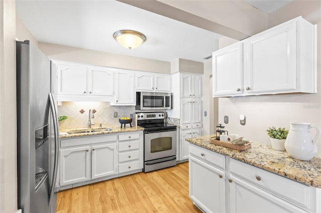 kitchen with backsplash, stainless steel appliances, sink, white cabinets, and light hardwood / wood-style floors