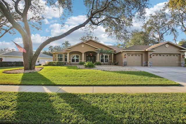 ranch-style house with a garage and a front lawn