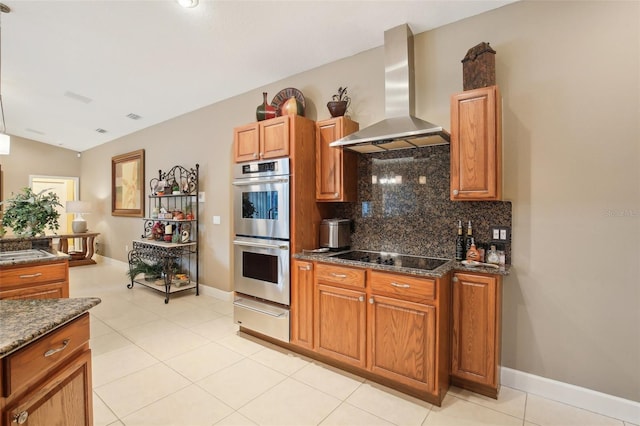 kitchen with backsplash, ventilation hood, black electric cooktop, light tile patterned floors, and stainless steel double oven