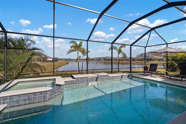 view of swimming pool with a lanai, a water view, a pool with connected hot tub, and a patio