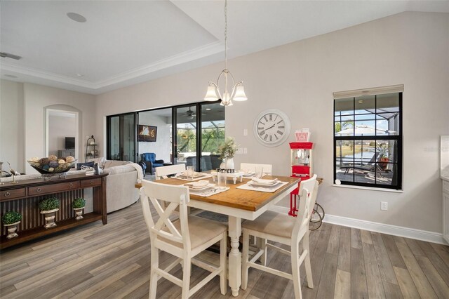 dining space featuring an inviting chandelier, a healthy amount of sunlight, baseboards, and wood finished floors