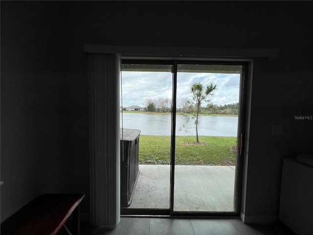 entryway with a water view