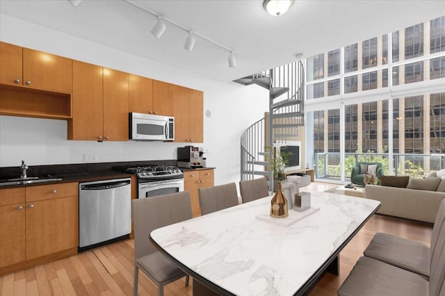 kitchen with stainless steel appliances, a sink, light wood finished floors, track lighting, and a kitchen breakfast bar