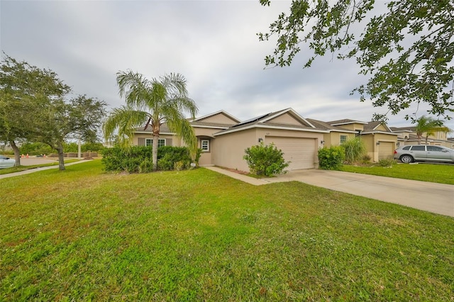 single story home with a front yard and a garage