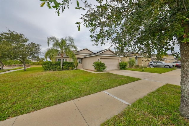 ranch-style house with a front yard and a garage