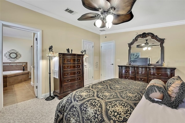 tiled bedroom featuring ceiling fan, crown molding, and connected bathroom