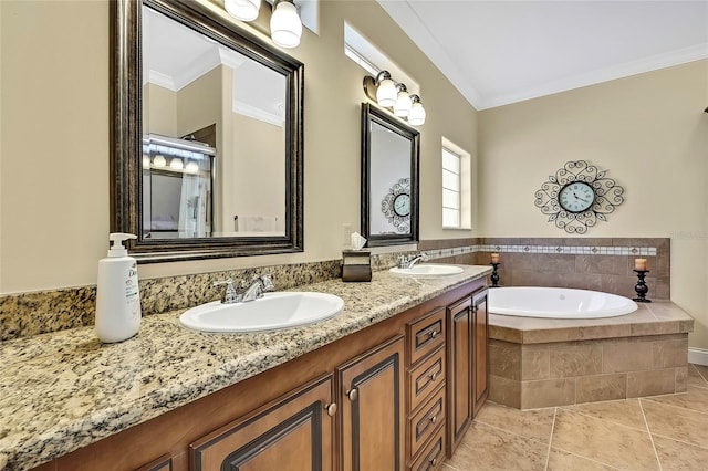 bathroom featuring vanity, tile patterned floors, crown molding, and tiled tub