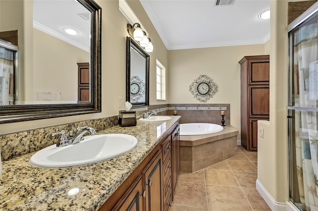 bathroom featuring shower with separate bathtub, vanity, tile patterned floors, and crown molding