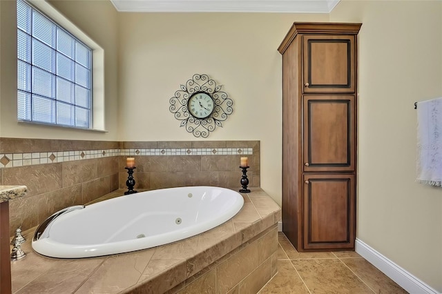 bathroom with a relaxing tiled tub, tile patterned floors, and crown molding