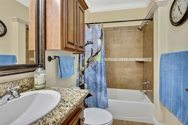 full bathroom with shower / bath combo, vanity, crown molding, tile patterned flooring, and toilet