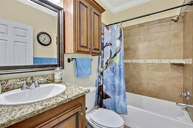 full bathroom with shower / bath combo, vanity, toilet, and crown molding