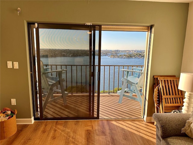 doorway with a water view and wood-type flooring