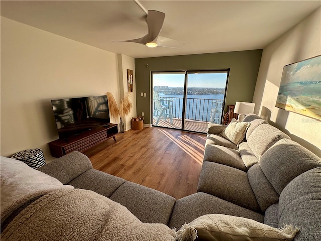 living room with ceiling fan and hardwood / wood-style floors