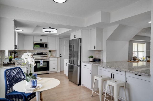 kitchen with white cabinets, light stone countertops, light wood-type flooring, appliances with stainless steel finishes, and tasteful backsplash