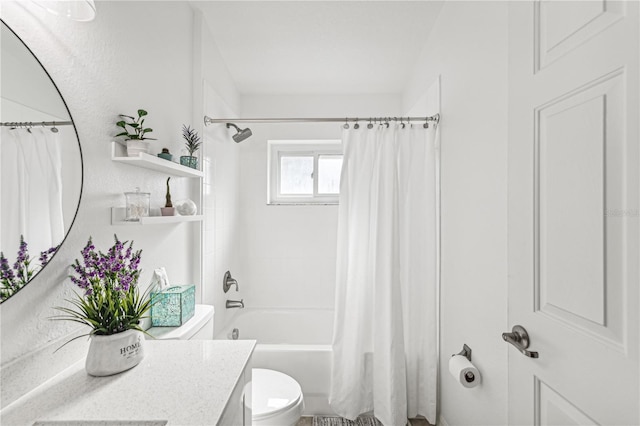 full bathroom with vanity, toilet, and shower / tub combo with curtain