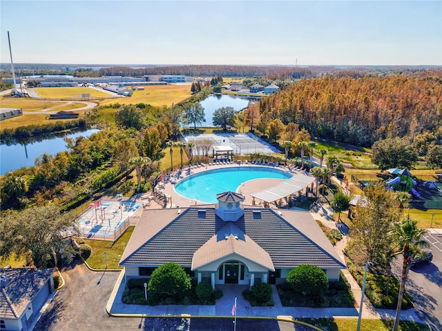 drone / aerial view with a water view