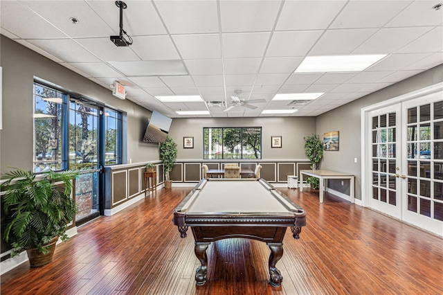 game room featuring plenty of natural light, ceiling fan, dark hardwood / wood-style flooring, and billiards