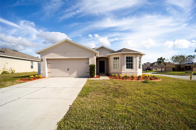 ranch-style home with a garage and a front lawn