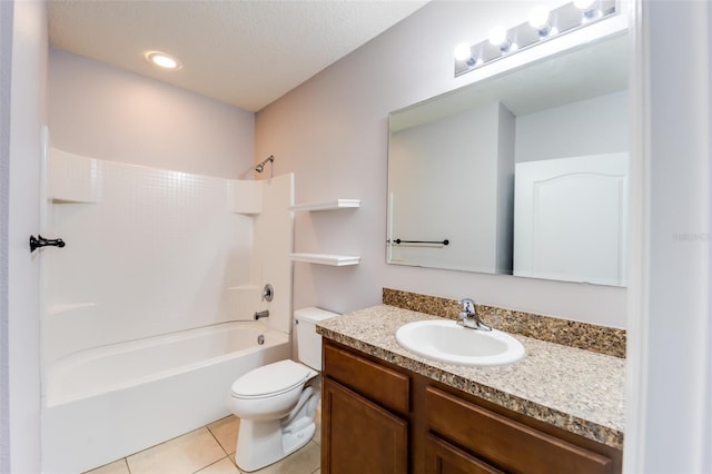 full bathroom with shower / bathtub combination, a textured ceiling, vanity, tile patterned flooring, and toilet