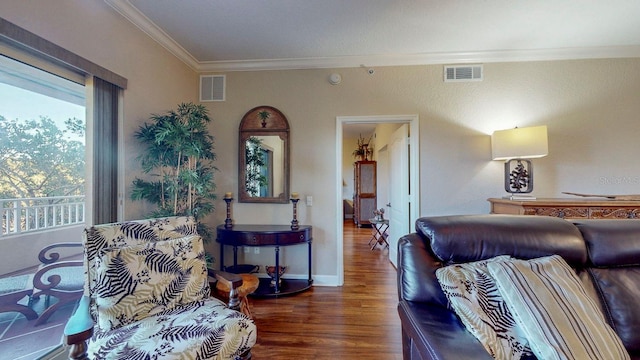 living room featuring dark hardwood / wood-style flooring and ornamental molding