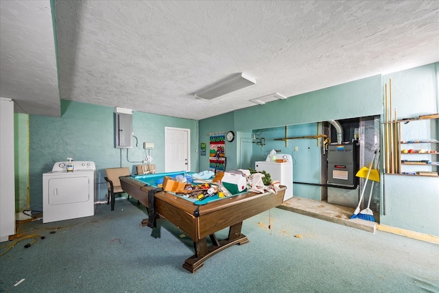 rec room with carpet flooring, a textured ceiling, washer and dryer, electric panel, and pool table