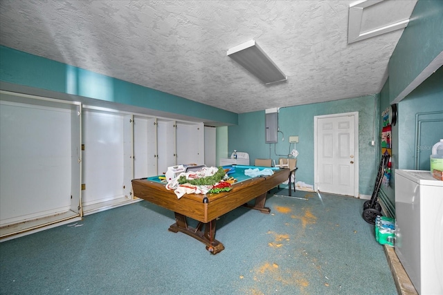 playroom with a textured ceiling, washer / clothes dryer, and pool table