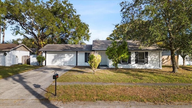 ranch-style home featuring a front yard and a garage