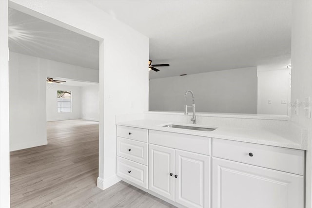 bathroom featuring ceiling fan, vanity, and hardwood / wood-style floors