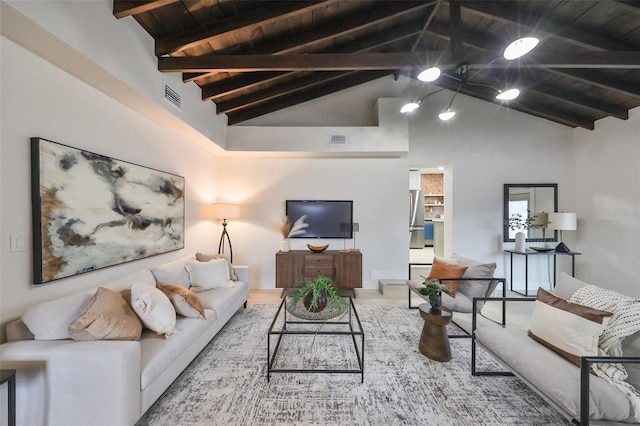 living room with beam ceiling, high vaulted ceiling, wooden ceiling, and wood-type flooring