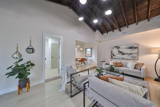 living room featuring beam ceiling, high vaulted ceiling, wood ceiling, and hardwood / wood-style flooring