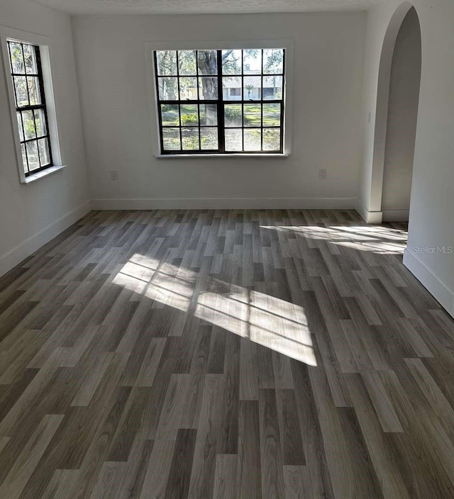 unfurnished room with dark wood-type flooring