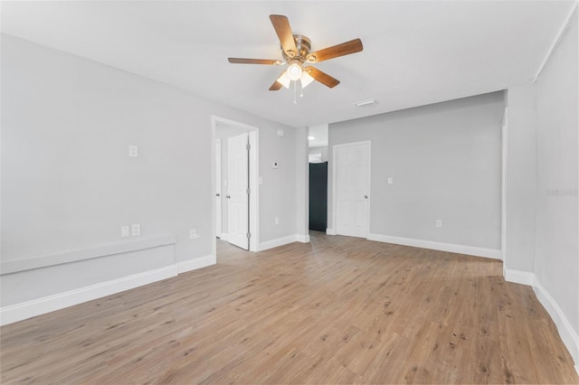 empty room featuring ceiling fan and light hardwood / wood-style floors